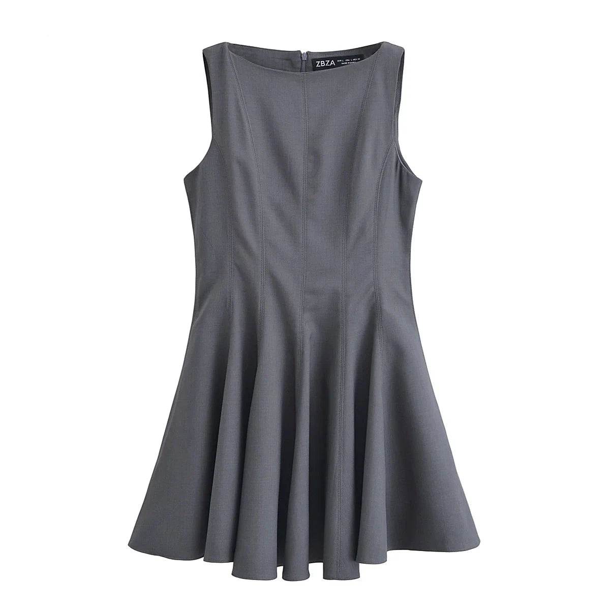 Pleated Back Zipper O-Neck Vest Short Dress